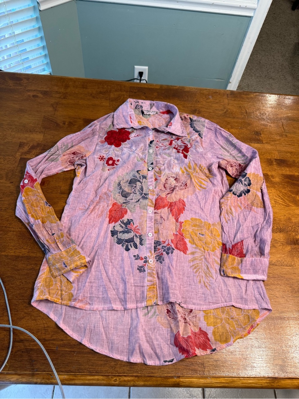 Vintage Goa Floral Print Button Down Shirt Purple Pink High Low Boho Blouse L